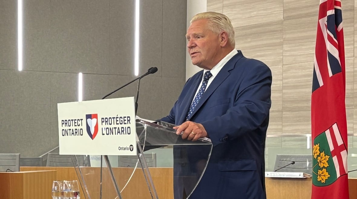 Ontario Prime Minister Doug Ford speaks in Windsor, Ont. On 12 August 2025 when he promised to introduce legislation to regulate animal testing. 